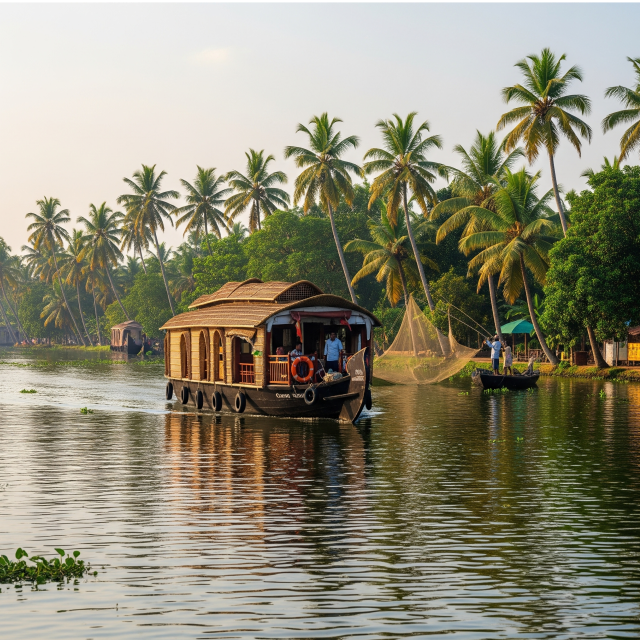 allepey house boat with coconut trees
